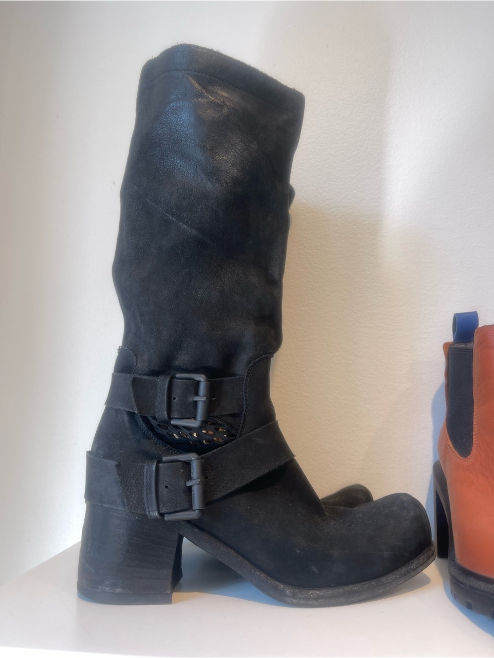 Black Mid-Calf Leather Buckle Boots - Picture 4 of 4